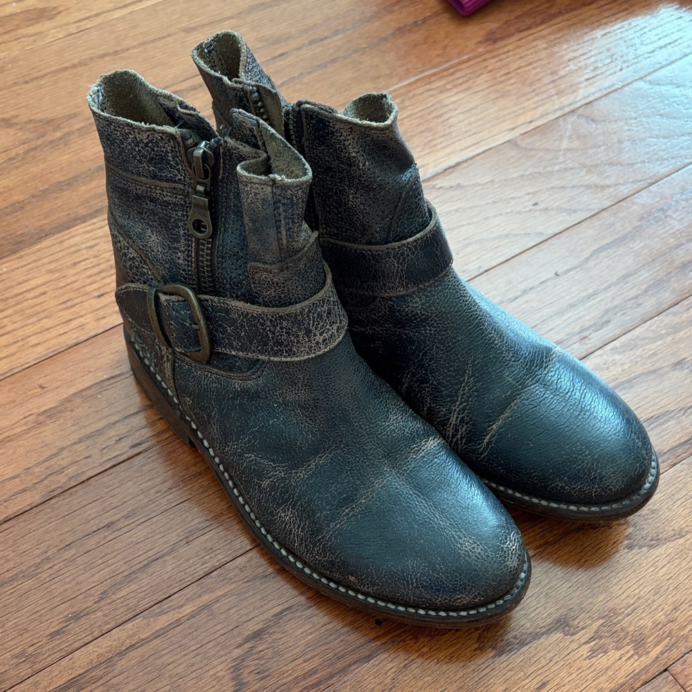 Bed Stu Black Distressed Leather Ankle Boots with Buckle